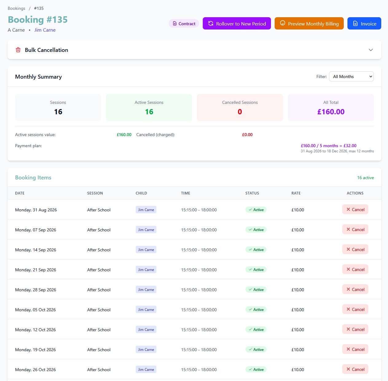 CoB childcare contract showing rollover, monthly billing preview, payment plan and recurring sessions